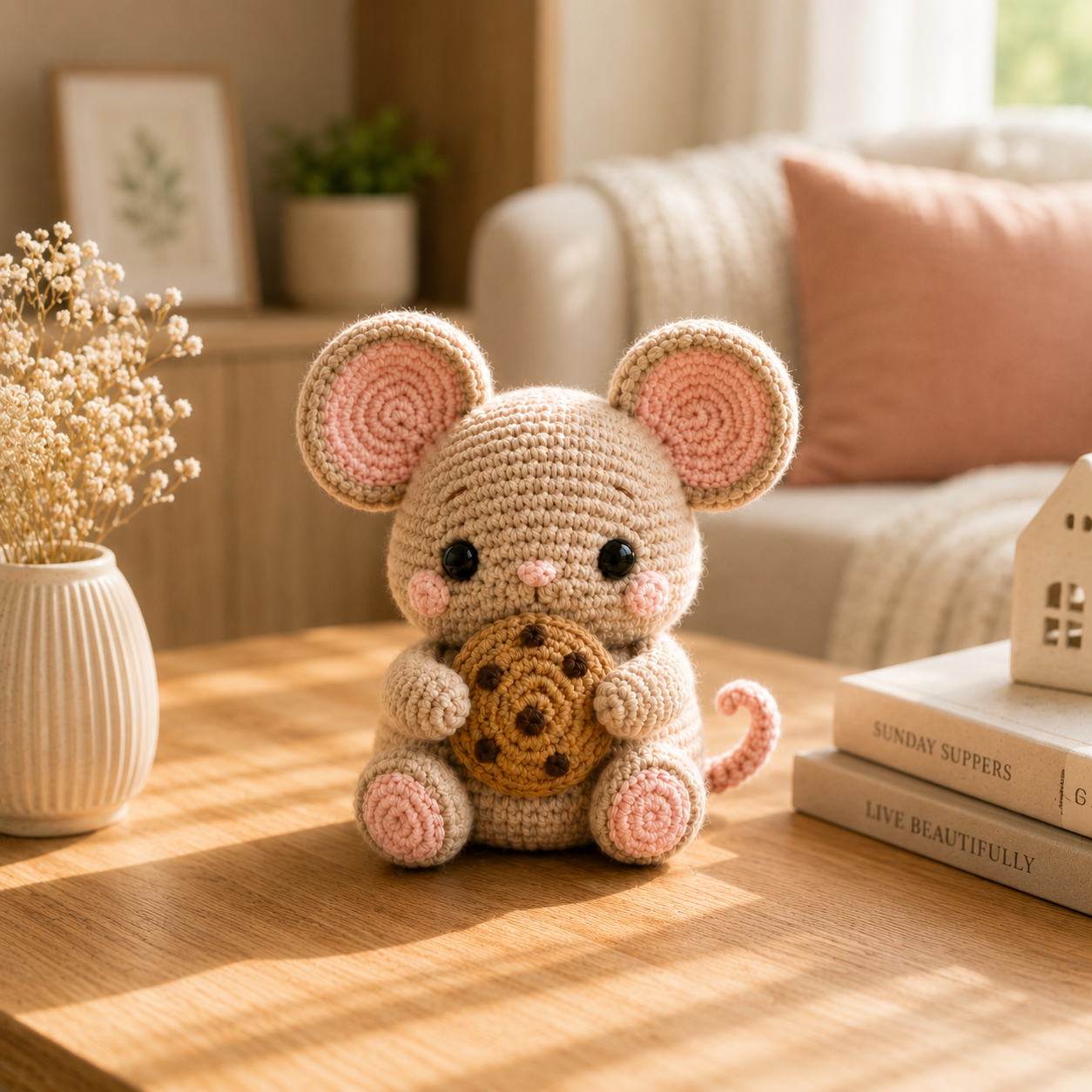 Handmade Crochet Mouse with Cookie – Cute Amigurumi Plush Desk Decor & Gift