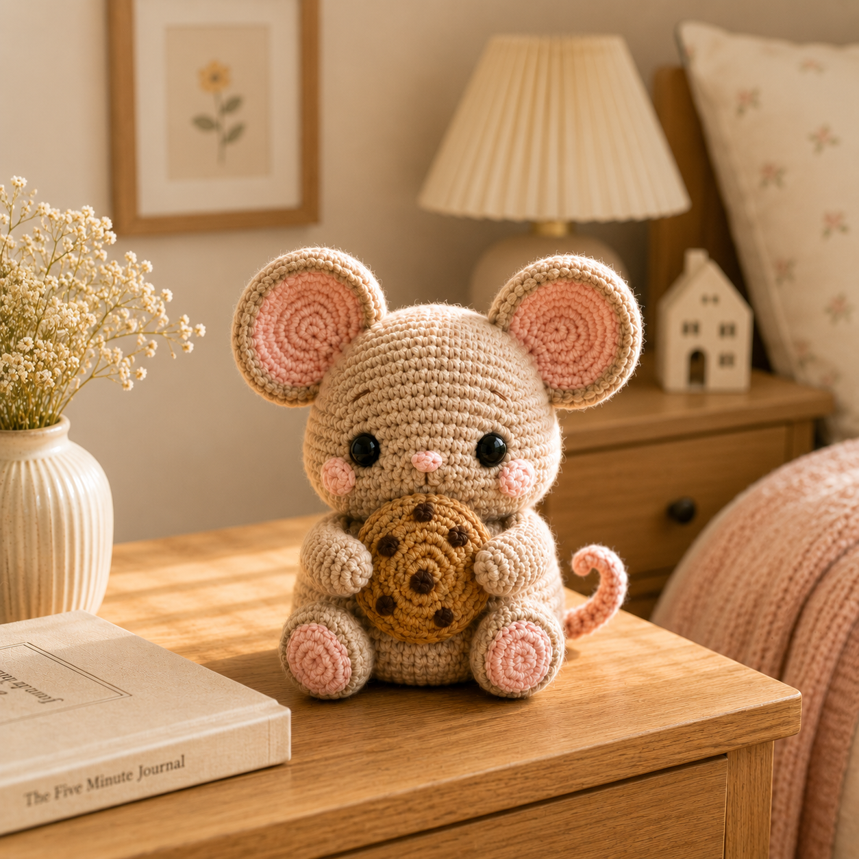 Handmade Crochet Mouse with Cookie – Cute Amigurumi Plush Desk Decor & Gift