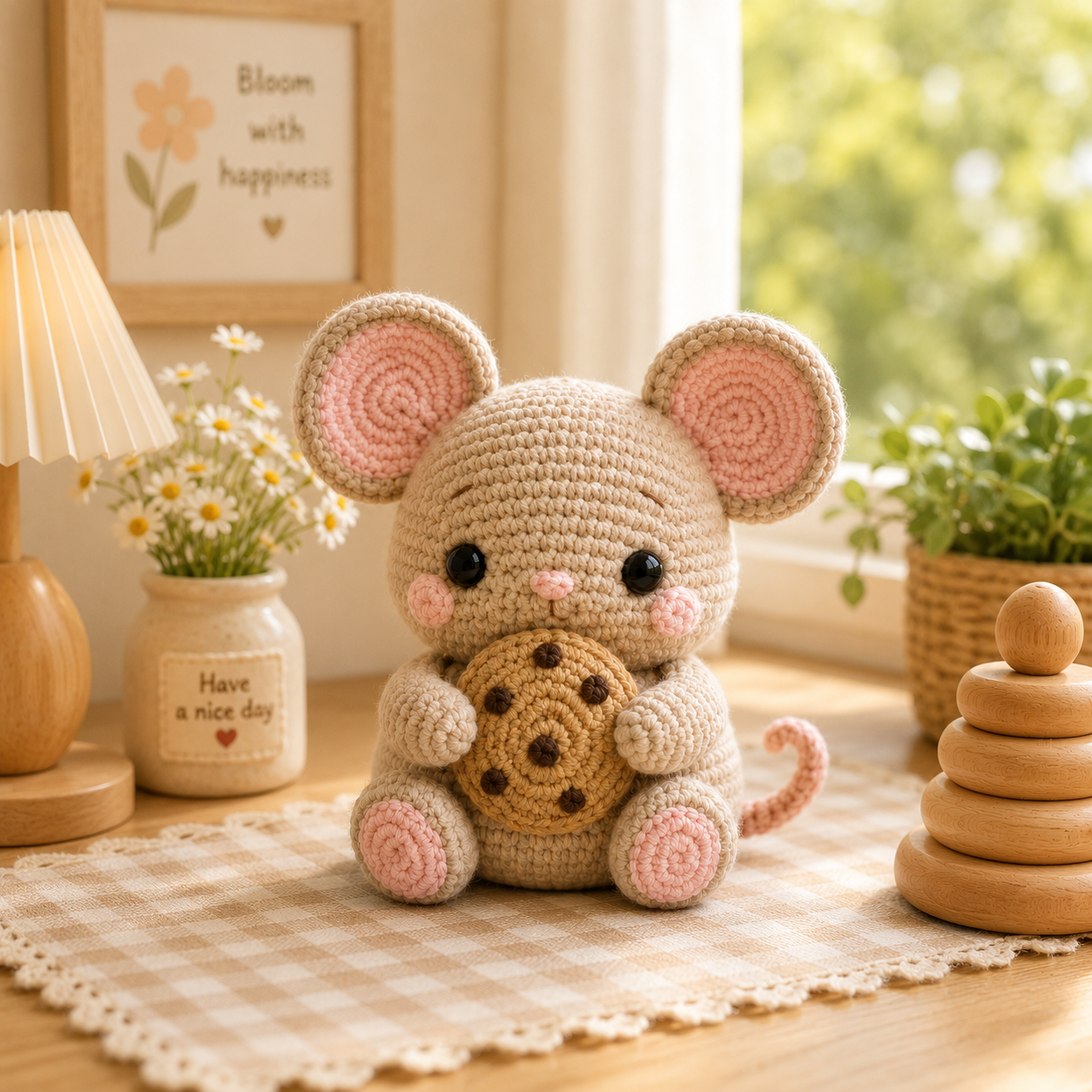 Handmade Crochet Mouse with Cookie – Cute Amigurumi Plush Desk Decor & Gift