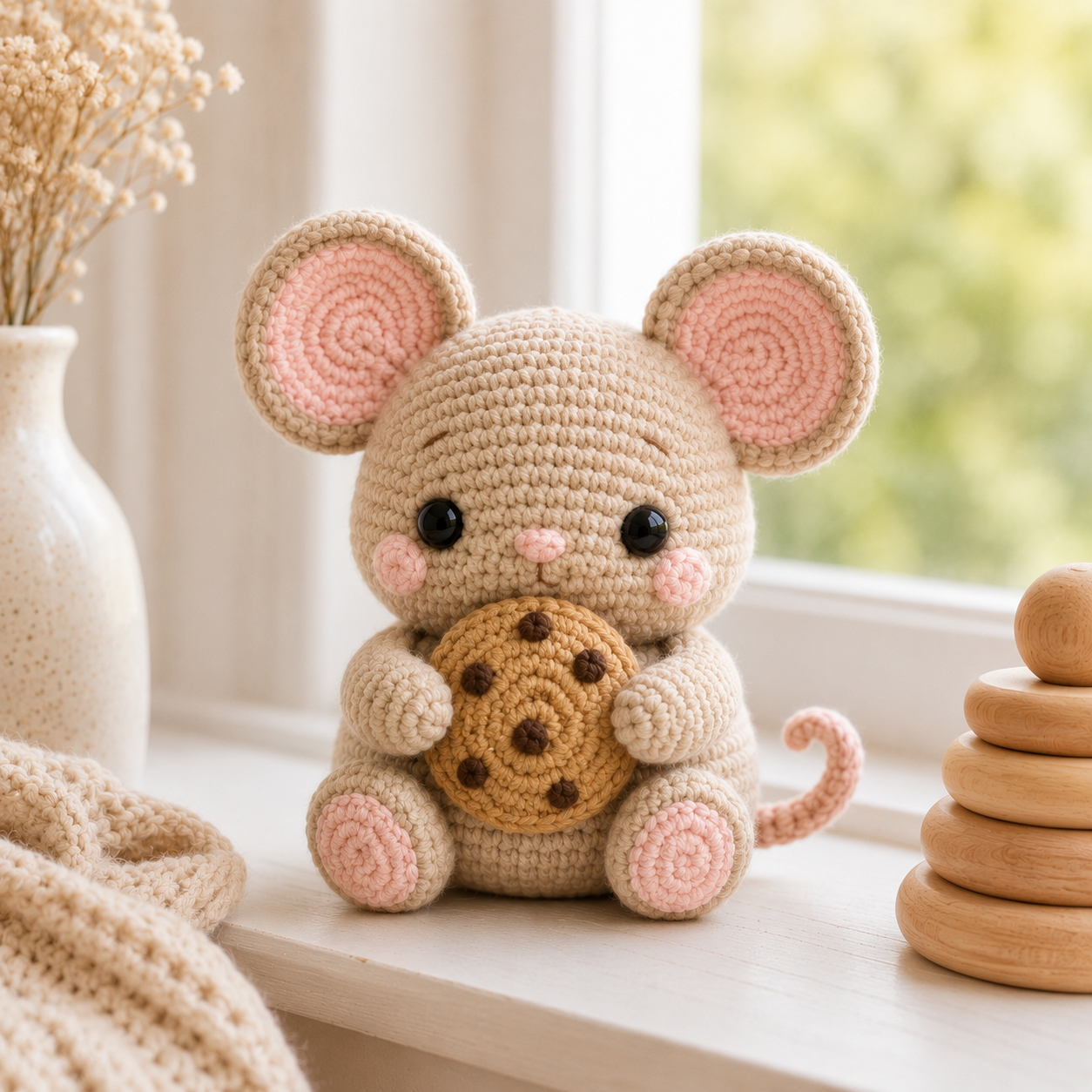 Handmade Crochet Mouse with Cookie – Cute Amigurumi Plush Desk Decor & Gift