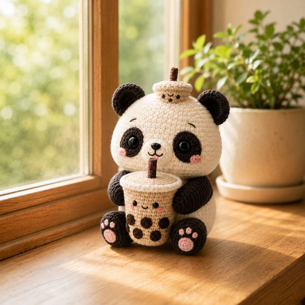 Handmade Crochet Panda with Bubble Tea – Cute Amigurumi Plush Desk Decor & Gift