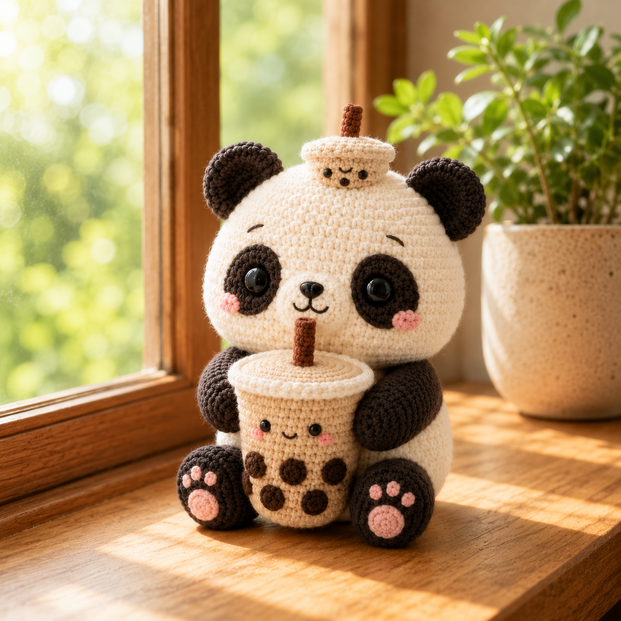 Handmade Crochet Panda with Bubble Tea – Cute Amigurumi Plush Desk Decor & Gift