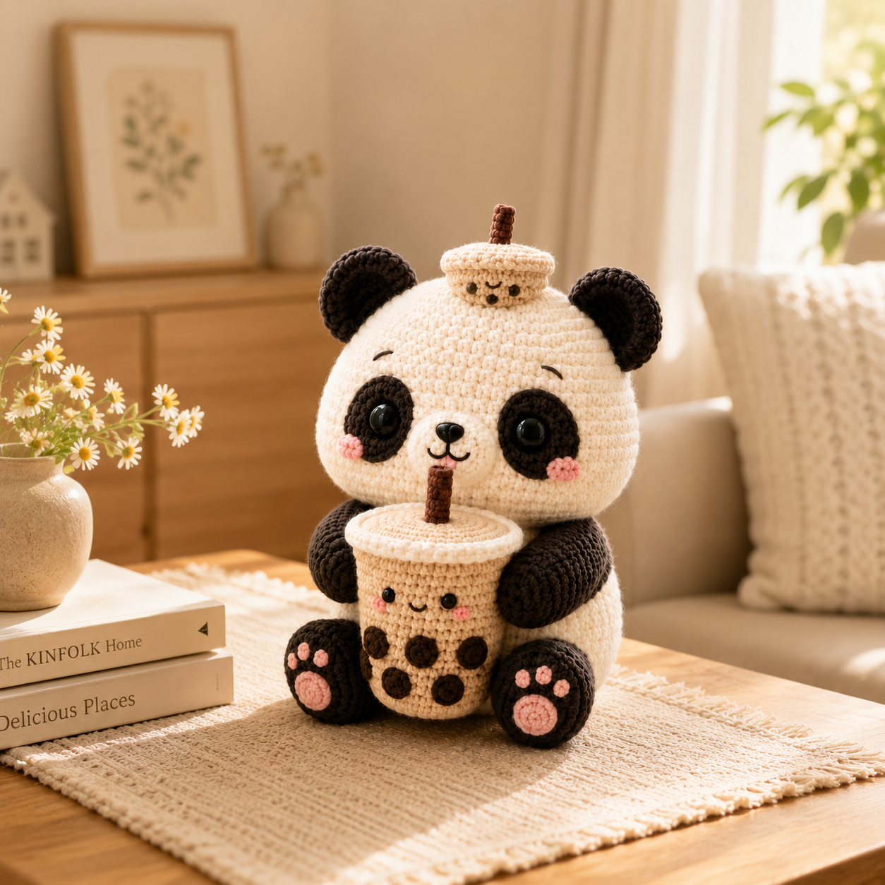 Handmade Crochet Panda with Bubble Tea – Cute Amigurumi Plush Desk Decor & Gift