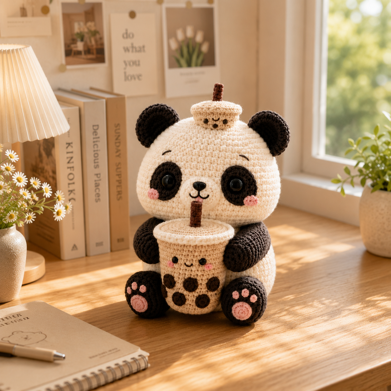 Handmade Crochet Panda with Bubble Tea – Cute Amigurumi Plush Desk Decor & Gift