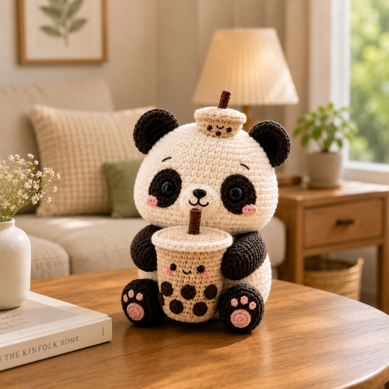 Handmade Crochet Panda with Bubble Tea – Cute Amigurumi Plush Desk Decor & Gift