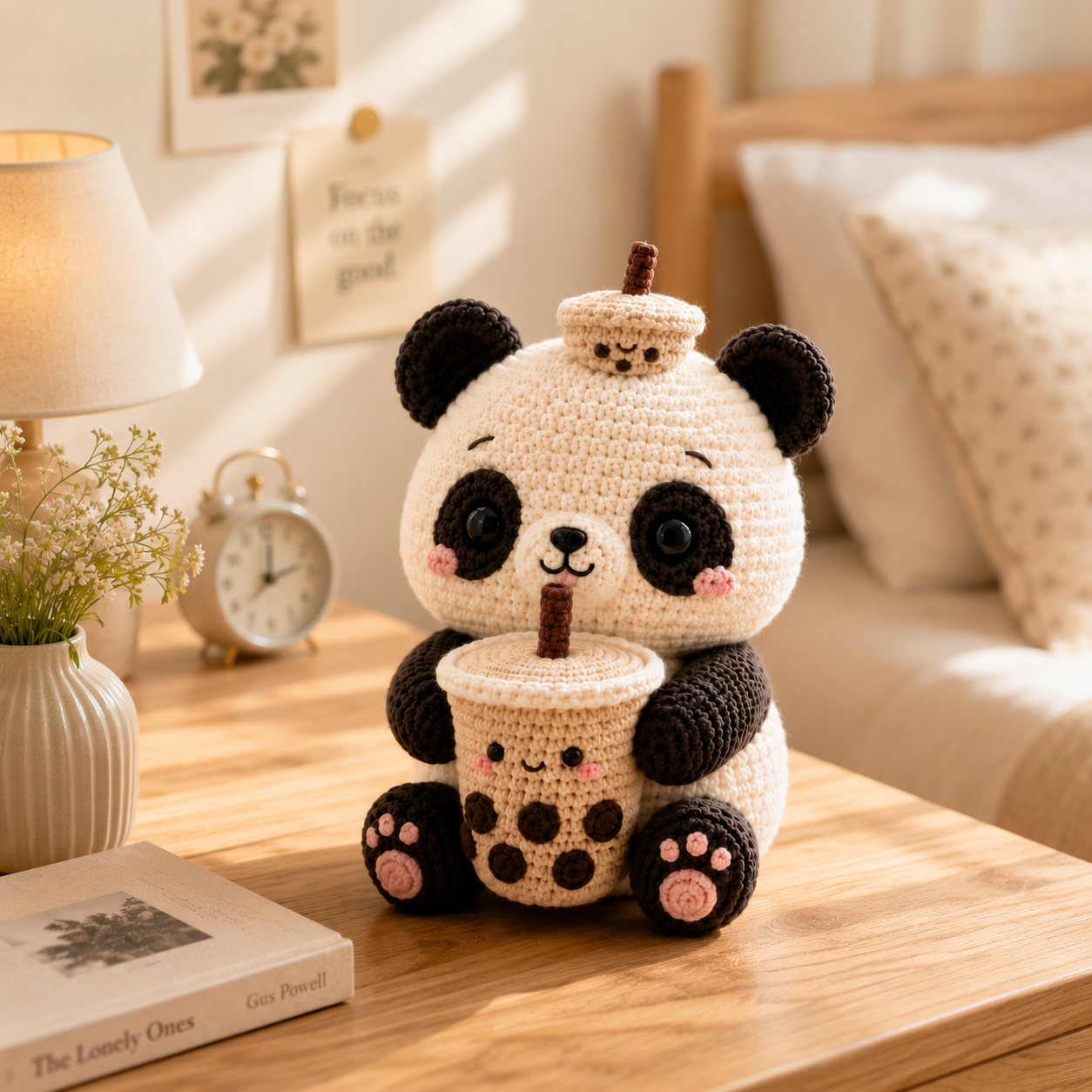 Handmade Crochet Panda with Bubble Tea – Cute Amigurumi Plush Desk Decor & Gift
