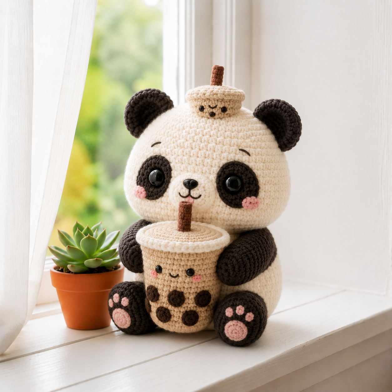 Handmade Crochet Panda with Bubble Tea – Cute Amigurumi Plush Desk Decor & Gift