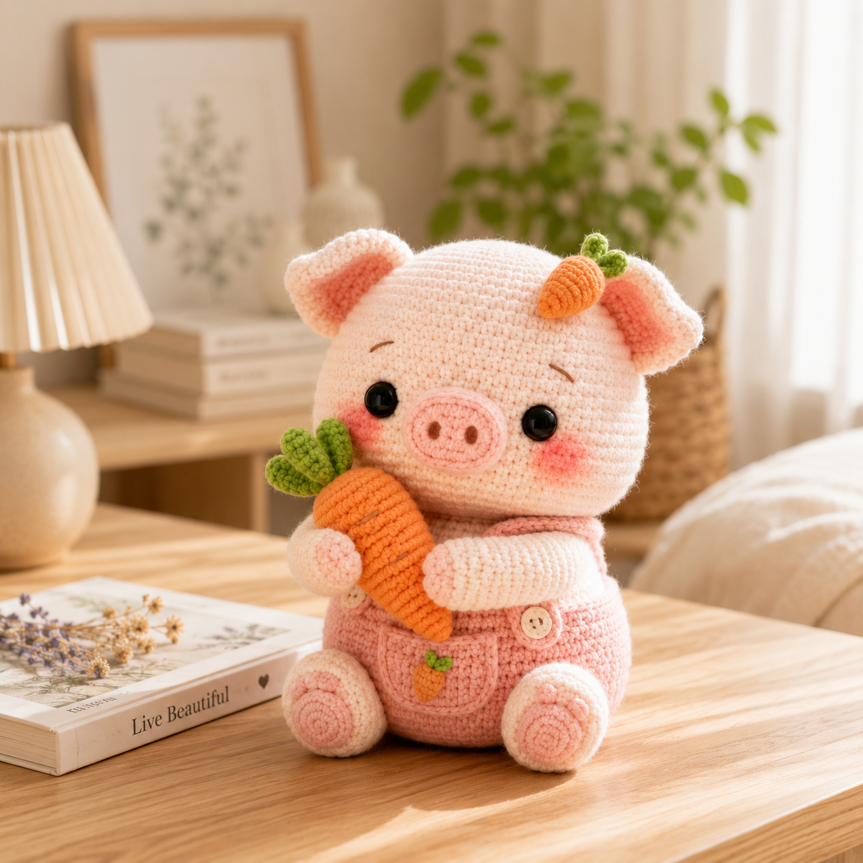 Handmade Crochet Pig with Carrot – Cute Amigurumi Pig Plush, Kawaii Farm Animal Decor & Gift