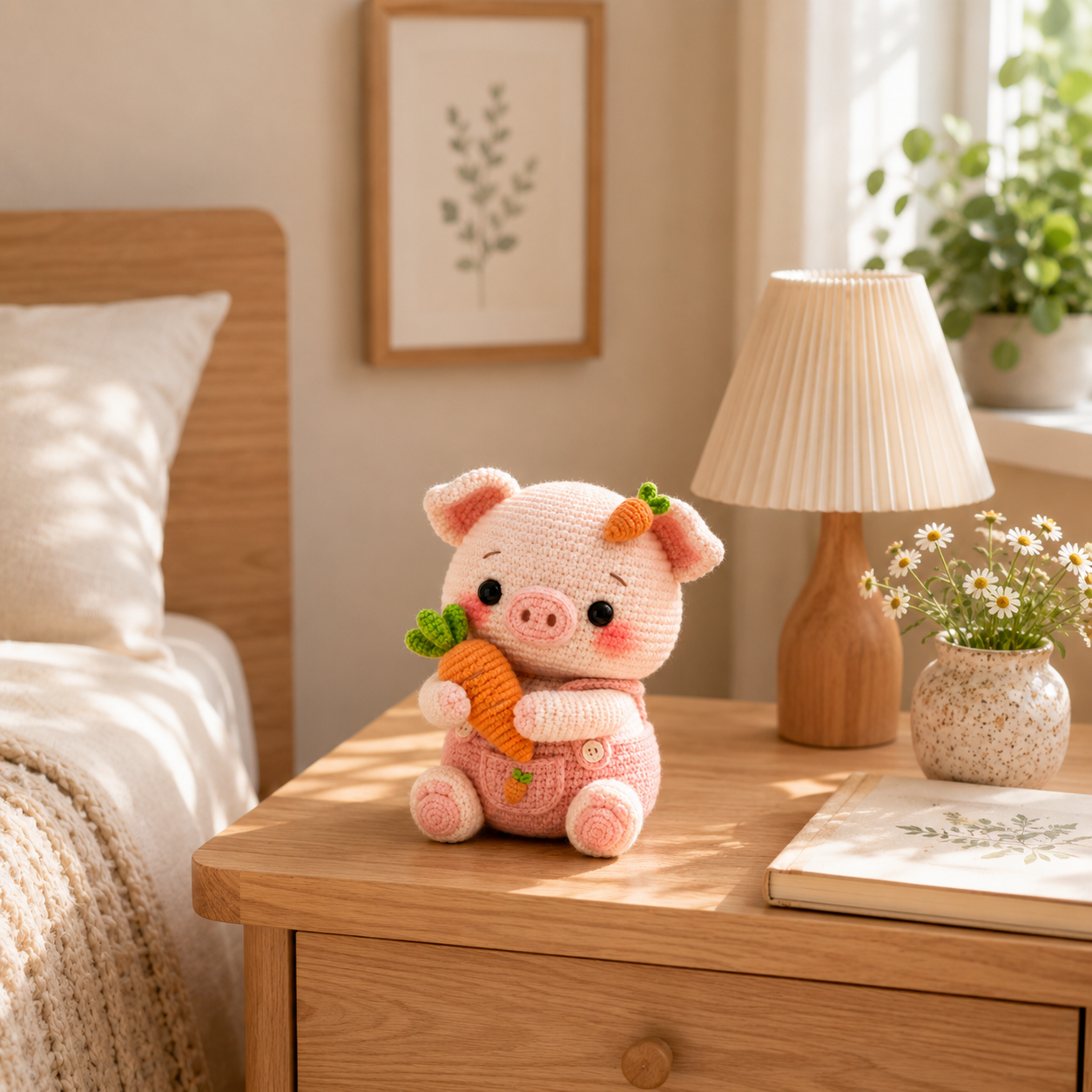 Handmade Crochet Pig with Carrot – Cute Amigurumi Pig Plush, Kawaii Farm Animal Decor & Gift