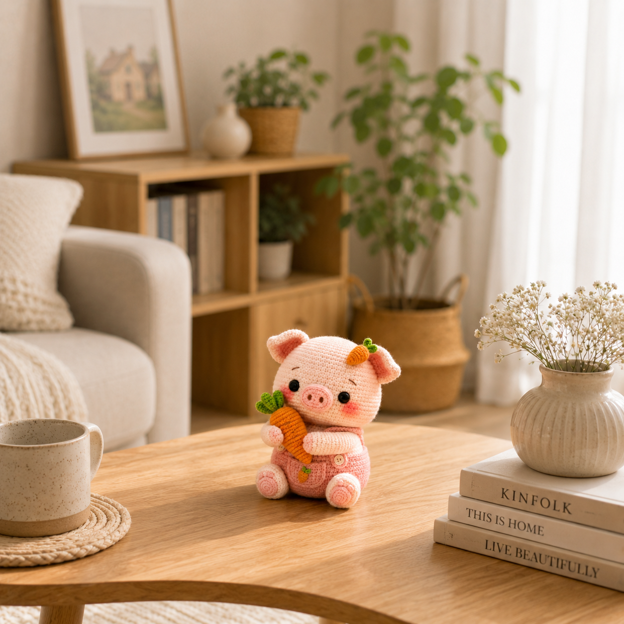 Handmade Crochet Pig with Carrot – Cute Amigurumi Pig Plush, Kawaii Farm Animal Decor & Gift