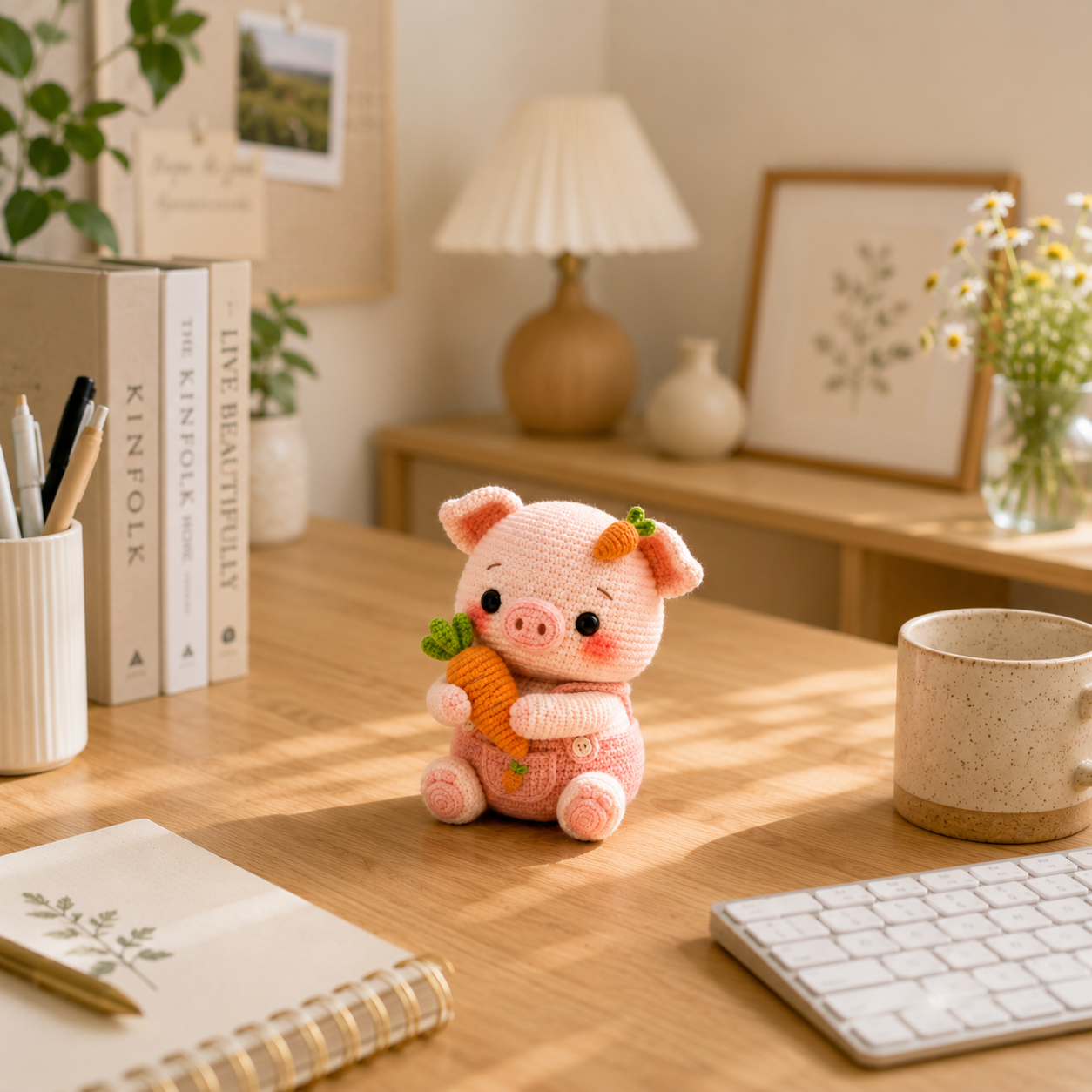 Handmade Crochet Pig with Carrot – Cute Amigurumi Pig Plush, Kawaii Farm Animal Decor & Gift