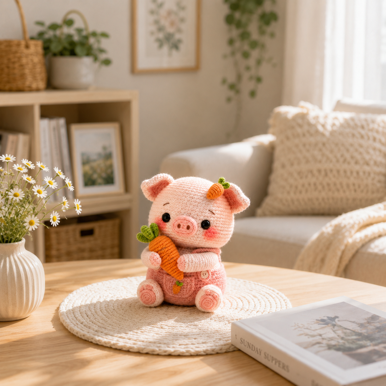 Handmade Crochet Pig with Carrot – Cute Amigurumi Pig Plush, Kawaii Farm Animal Decor & Gift