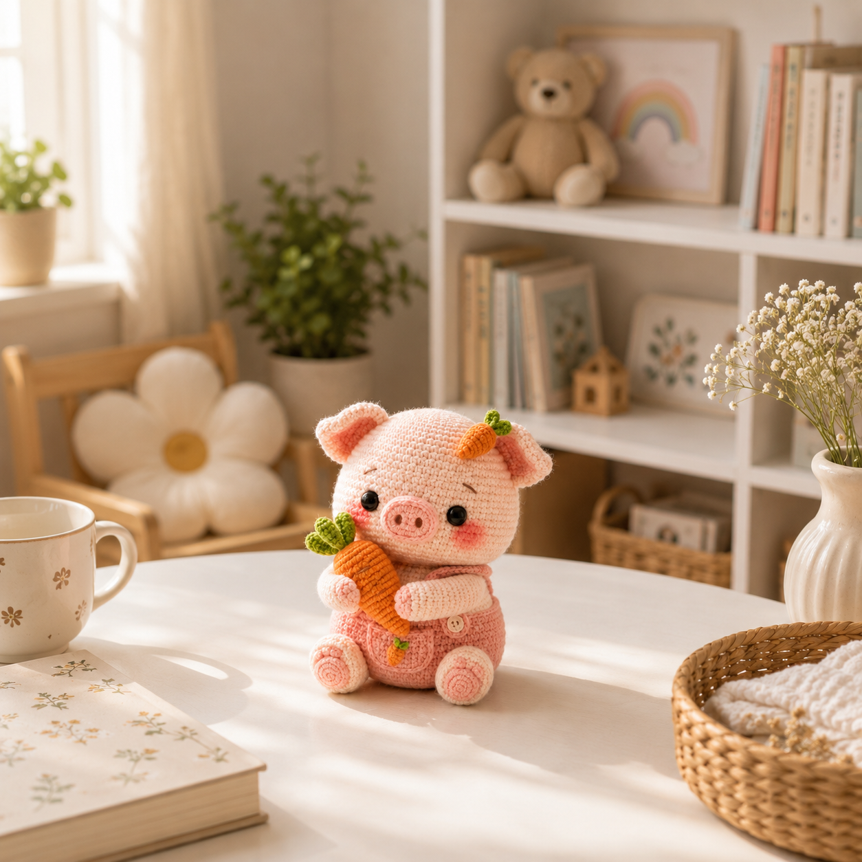 Handmade Crochet Pig with Carrot – Cute Amigurumi Pig Plush, Kawaii Farm Animal Decor & Gift