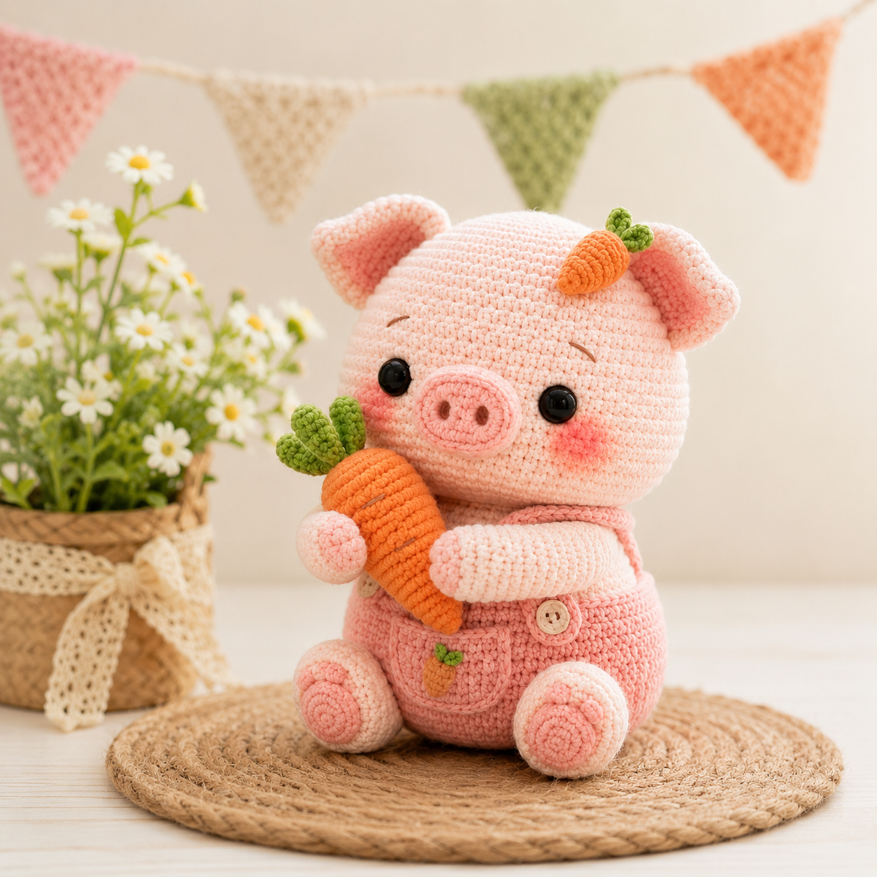 Handmade Crochet Pig with Carrot – Cute Amigurumi Pig Plush, Kawaii Farm Animal Decor & Gift