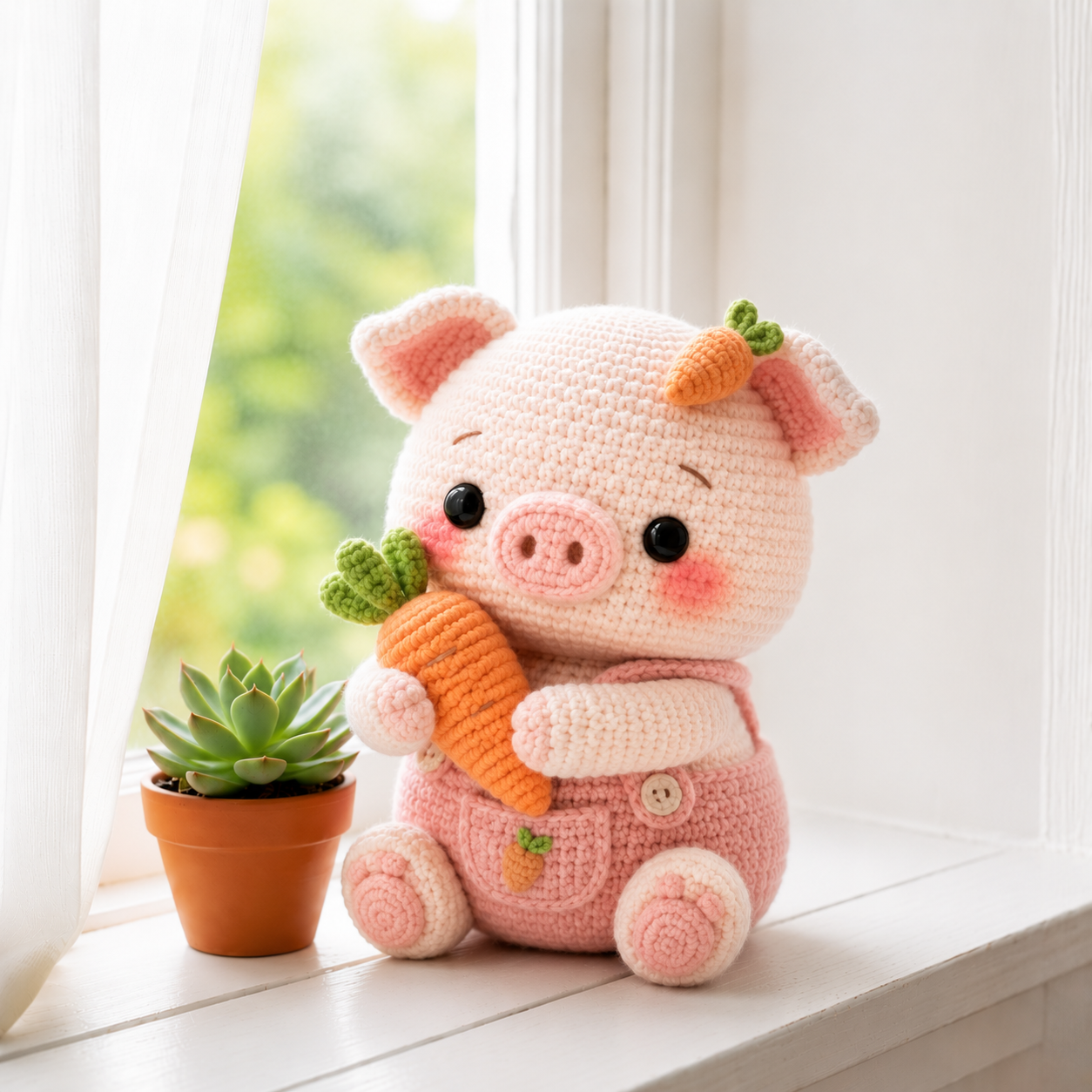 Handmade Crochet Pig with Carrot – Cute Amigurumi Pig Plush, Kawaii Farm Animal Decor & Gift