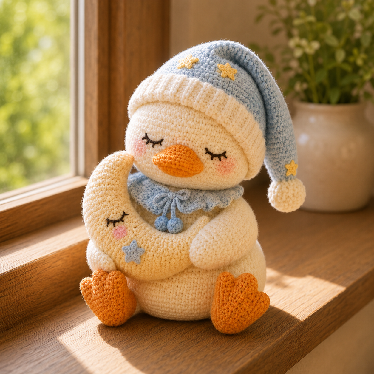 Handmade Crochet Sleepy Snowman with Moon – Cozy Amigurumi Plush Winter Decor