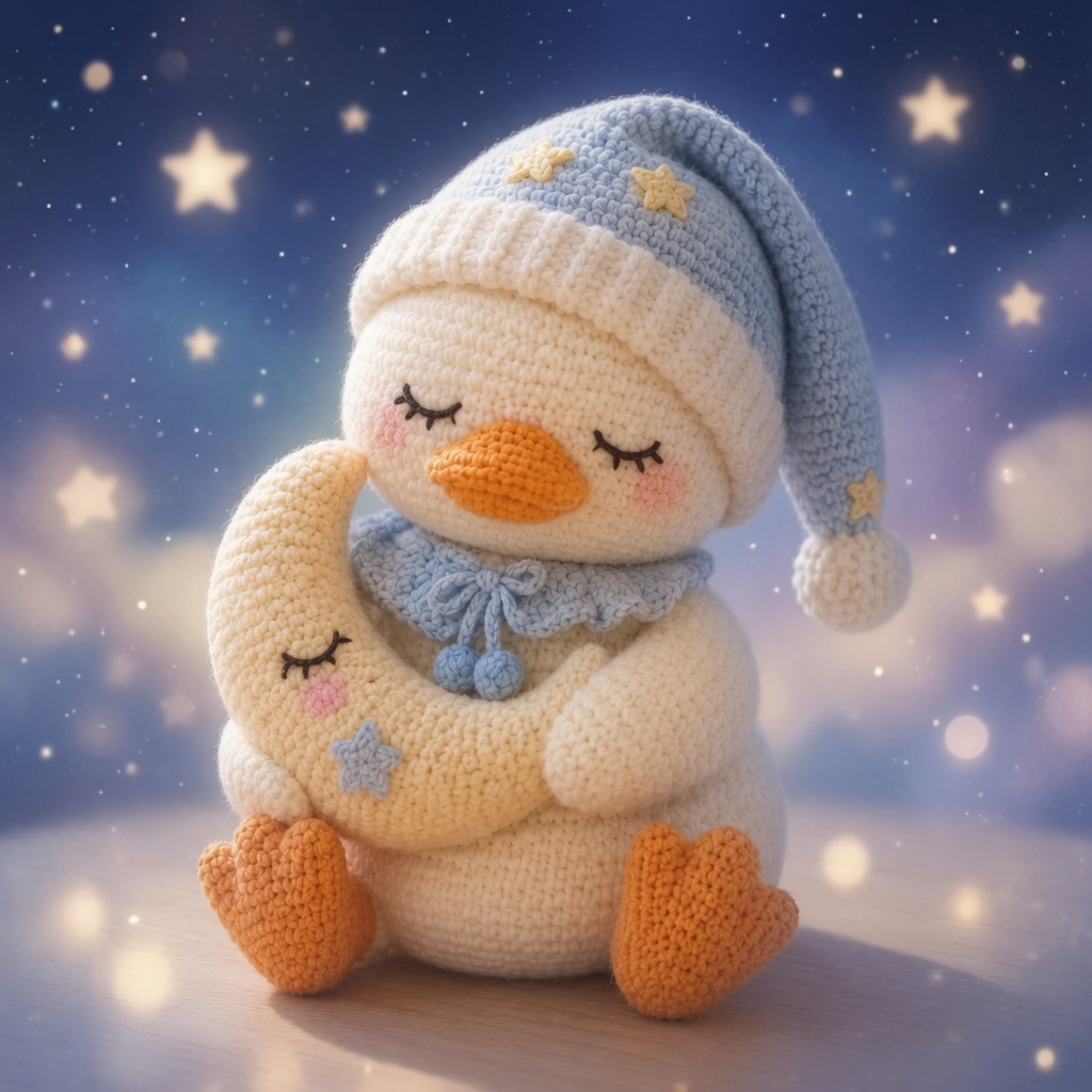Handmade Crochet Sleepy Snowman with Moon – Cozy Amigurumi Plush Winter Decor