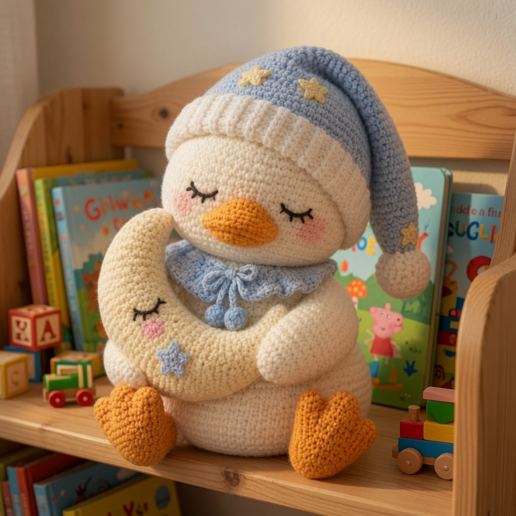 Handmade Crochet Sleepy Snowman with Moon – Cozy Amigurumi Plush Winter Decor