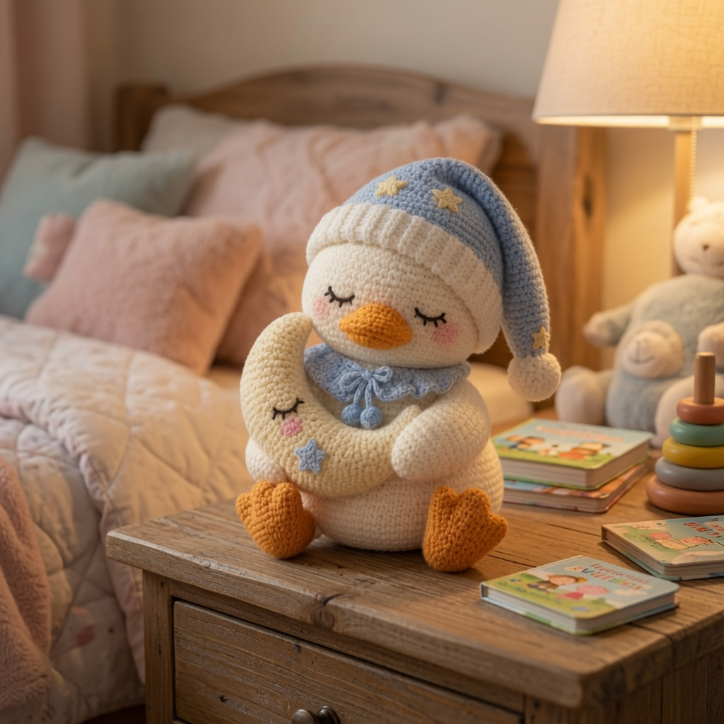 Handmade Crochet Sleepy Snowman with Moon – Cozy Amigurumi Plush Winter Decor