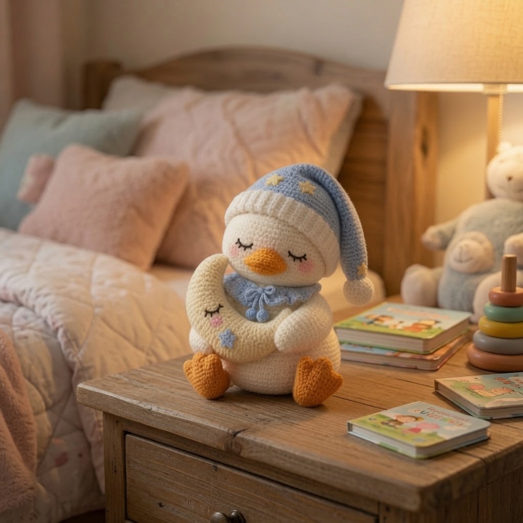 Handmade Crochet Sleepy Snowman with Moon – Cozy Amigurumi Plush Winter Decor
