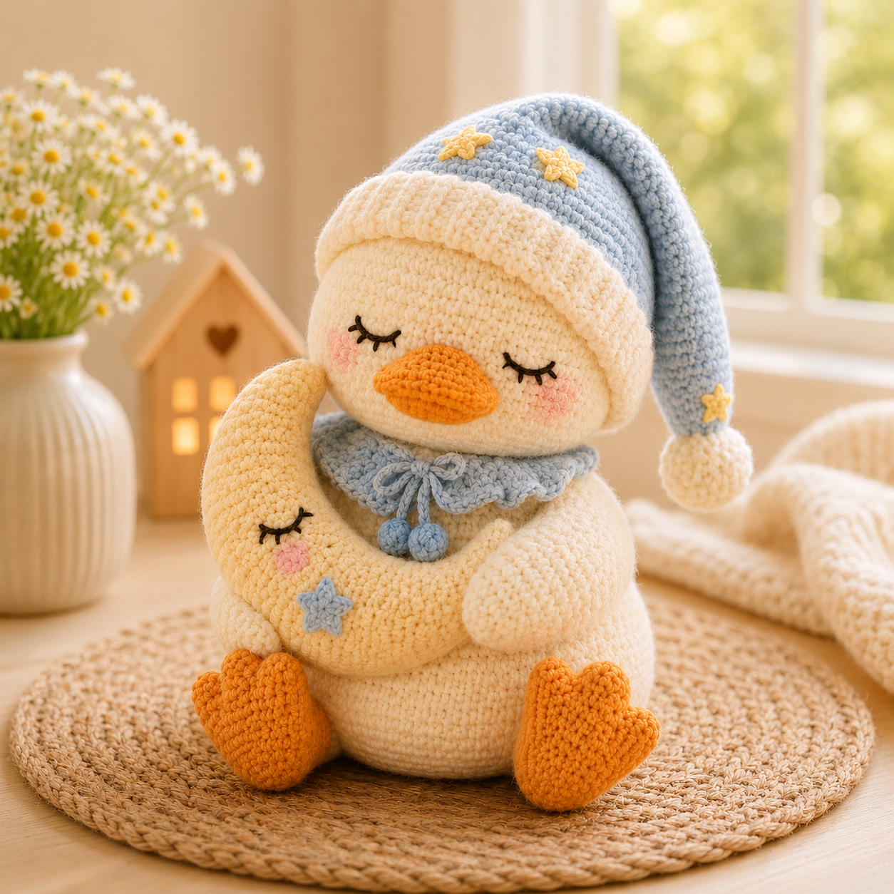 Handmade Crochet Sleepy Snowman with Moon – Cozy Amigurumi Plush Winter Decor