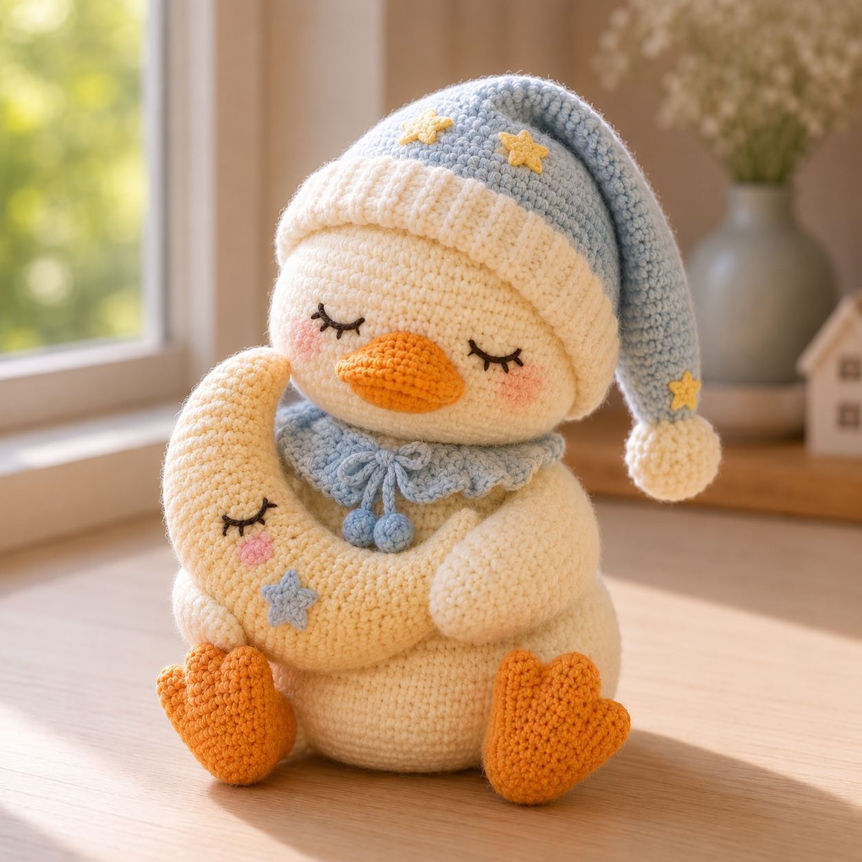 Handmade Crochet Sleepy Snowman with Moon – Cozy Amigurumi Plush Winter Decor