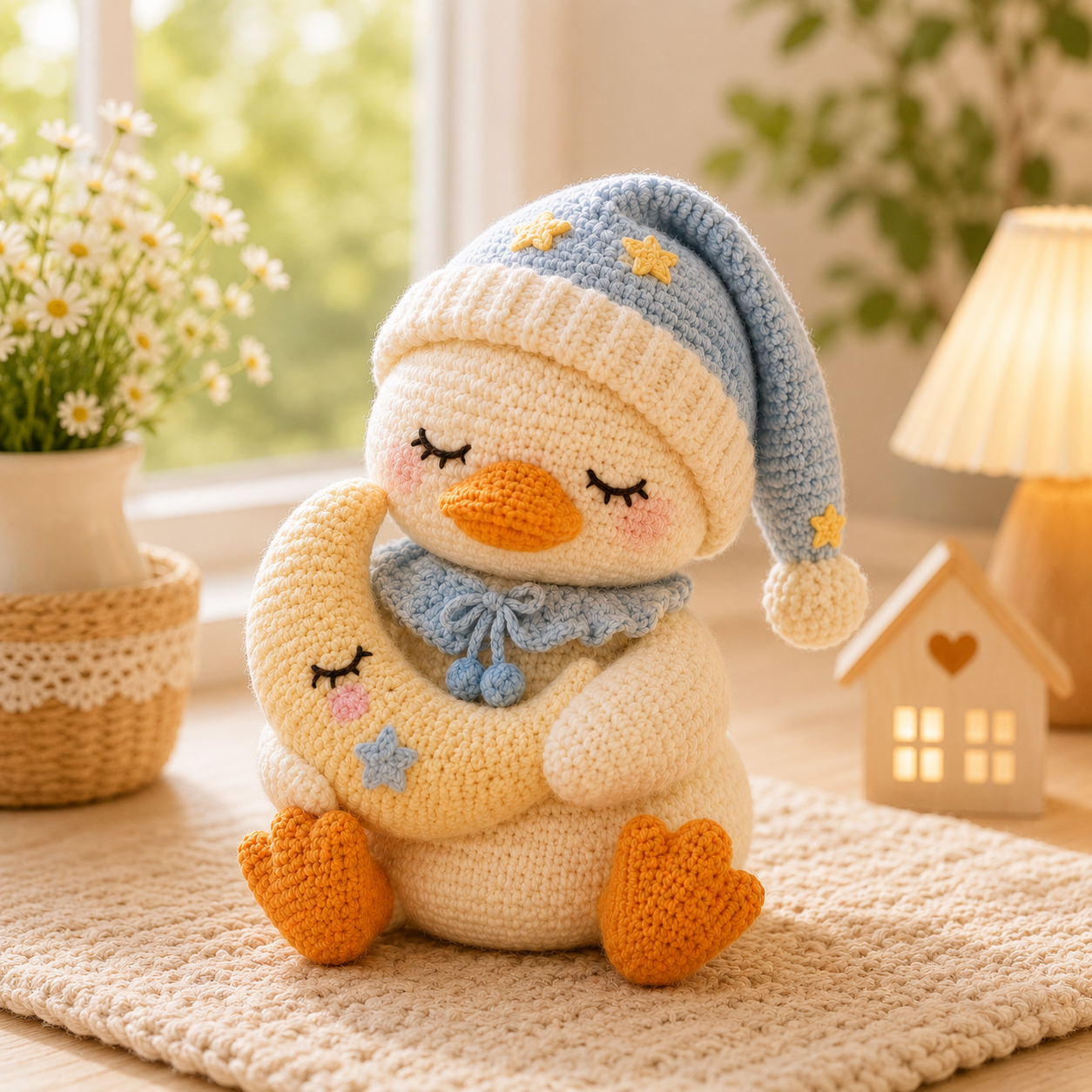 Handmade Crochet Sleepy Snowman with Moon – Cozy Amigurumi Plush Winter Decor