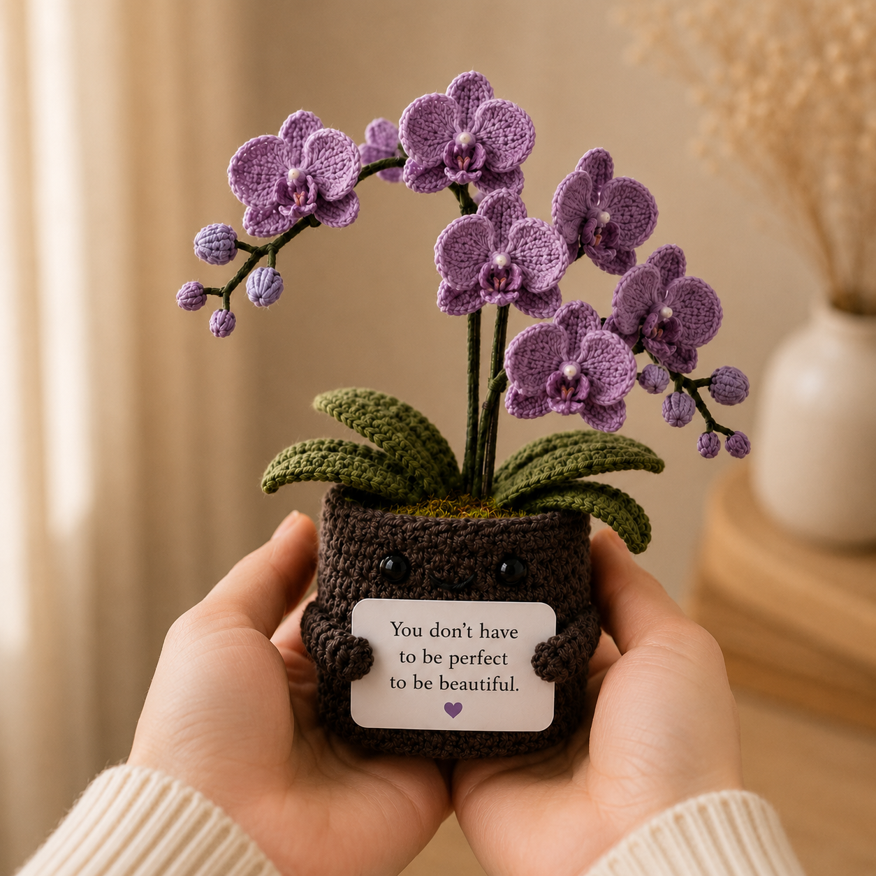 Handmade Crochet Purple Orchid Flower Pot – Amigurumi Orchid Desk Decor & Gift