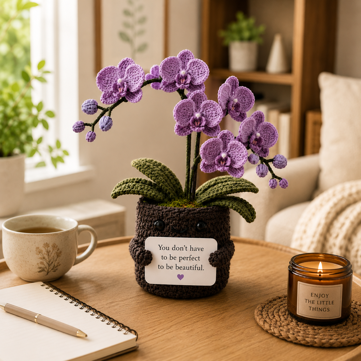 Handmade Crochet Purple Orchid Flower Pot – Amigurumi Orchid Desk Decor & Gift