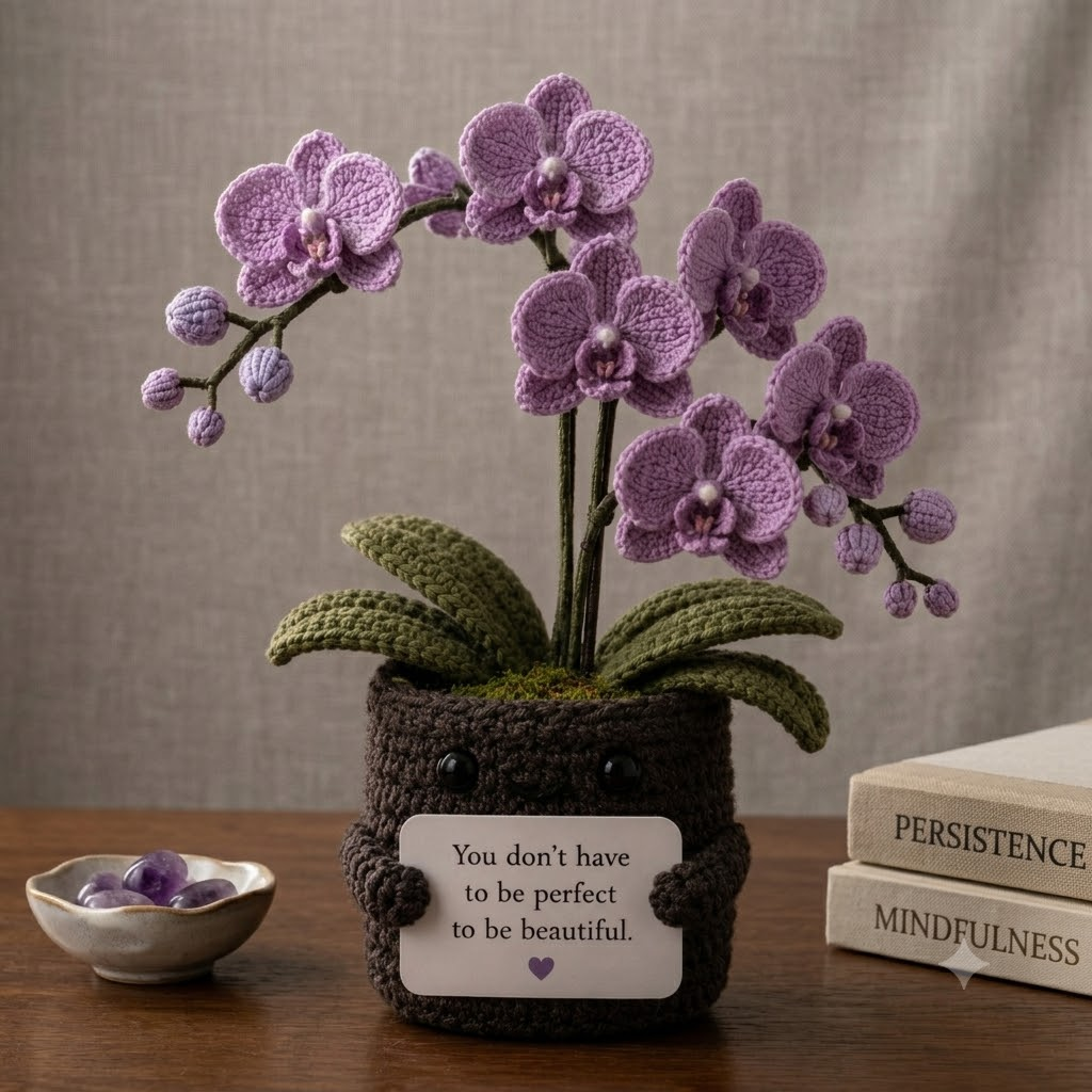 Handmade Crochet Purple Orchid Flower Pot – Amigurumi Orchid Desk Decor & Gift