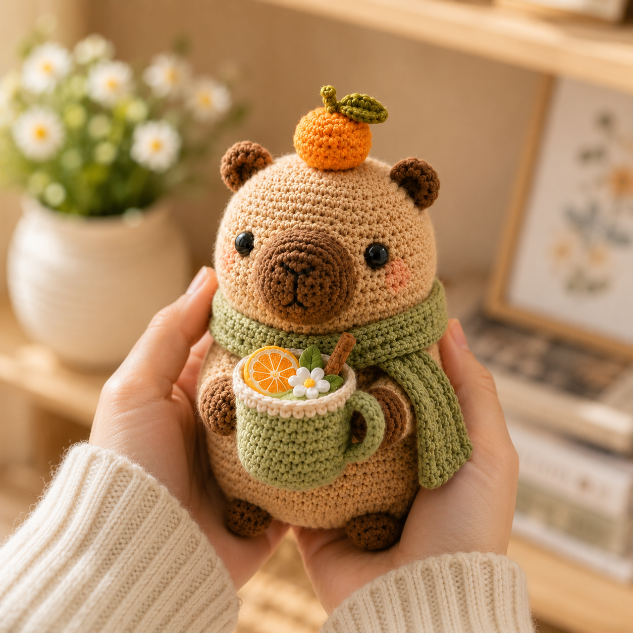 Handmade Crochet Bear with Tea Cup – Cute Amigurumi Plush Desk Decor & Gift