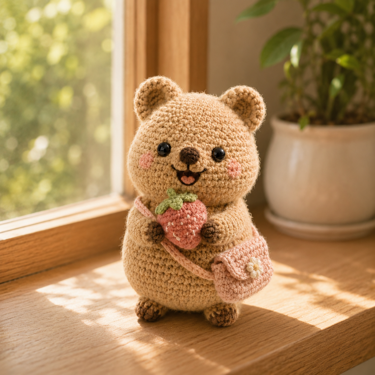 Handmade Crochet Bear with Strawberry – Cute Amigurumi Plush Decor & Gift