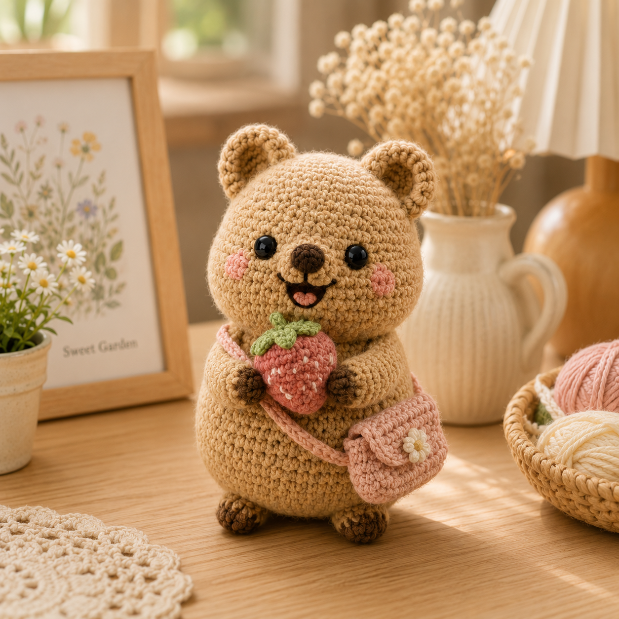 Handmade Crochet Bear with Strawberry – Cute Amigurumi Plush Decor & Gift