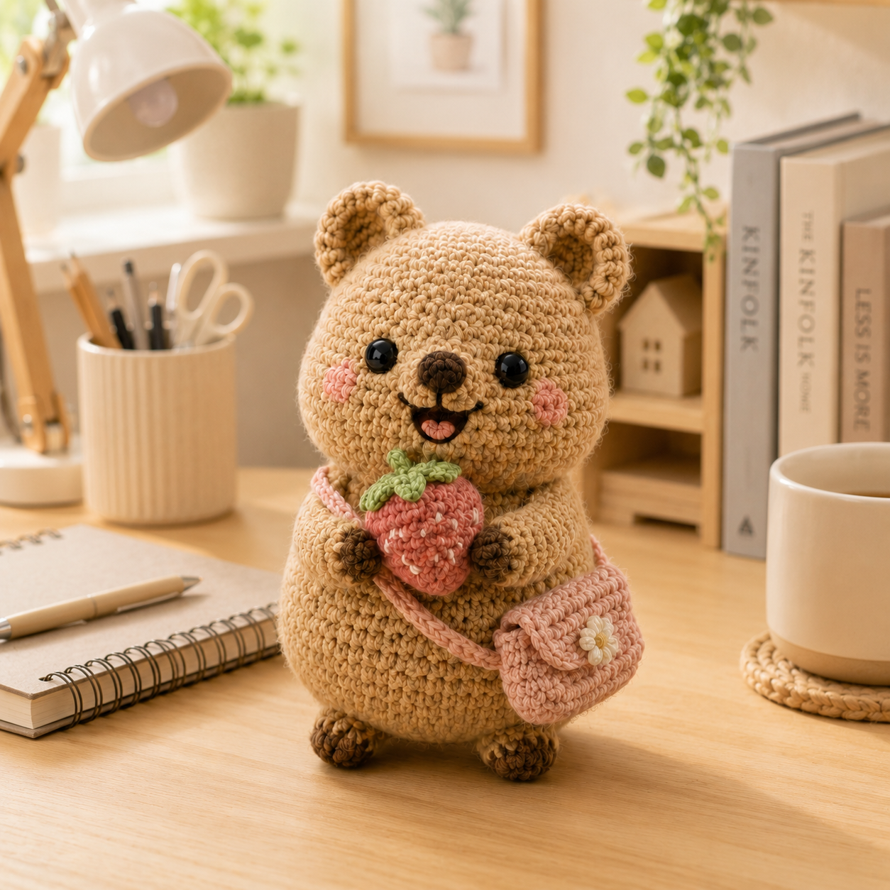 Handmade Crochet Bear with Strawberry – Cute Amigurumi Plush Decor & Gift