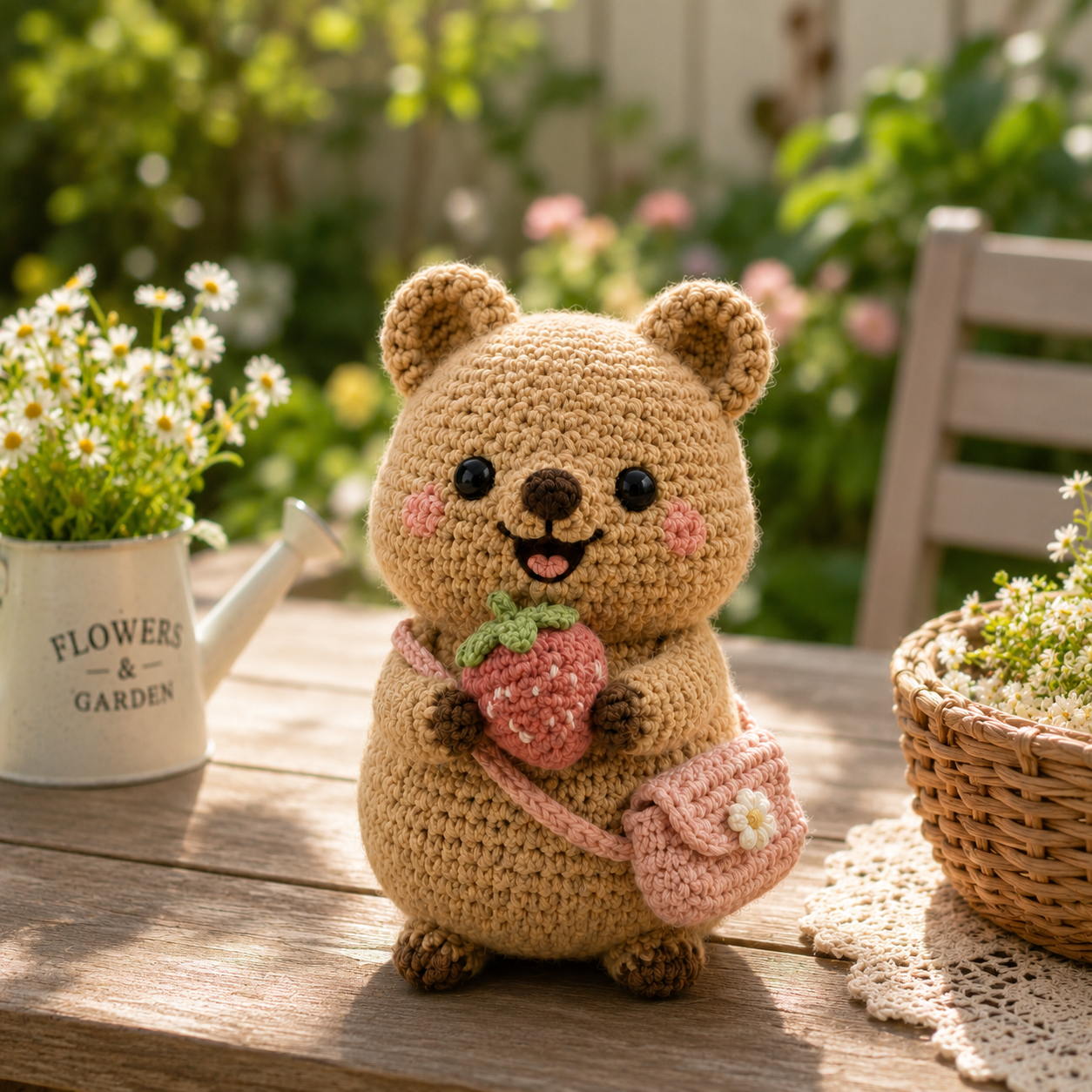 Handmade Crochet Bear with Strawberry – Cute Amigurumi Plush Decor & Gift