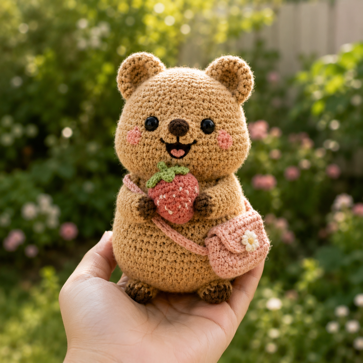 Handmade Crochet Bear with Strawberry – Cute Amigurumi Plush Decor & Gift