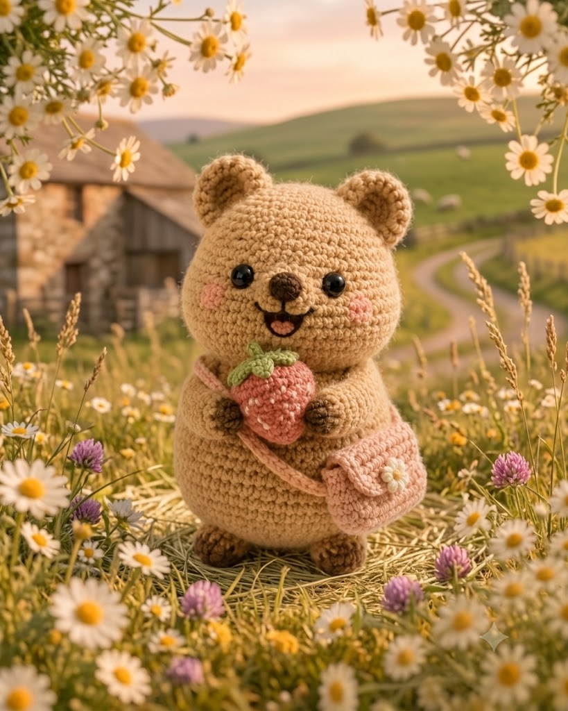 Handmade Crochet Bear with Strawberry – Cute Amigurumi Plush Decor & Gift