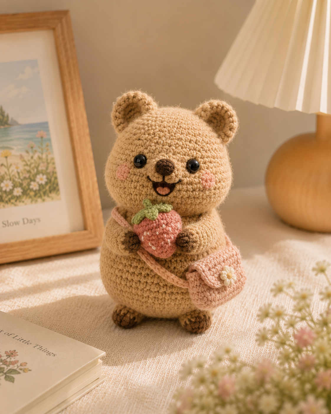 Handmade Crochet Bear with Strawberry – Cute Amigurumi Plush Decor & Gift