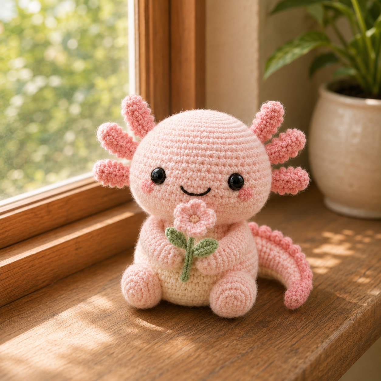 Handmade Crochet Axolotl Plush with Flower – Cute Amigurumi Desk Decor & Gift