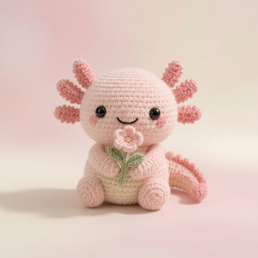 Handmade Crochet Axolotl Plush with Flower – Cute Amigurumi Desk Decor & Gift