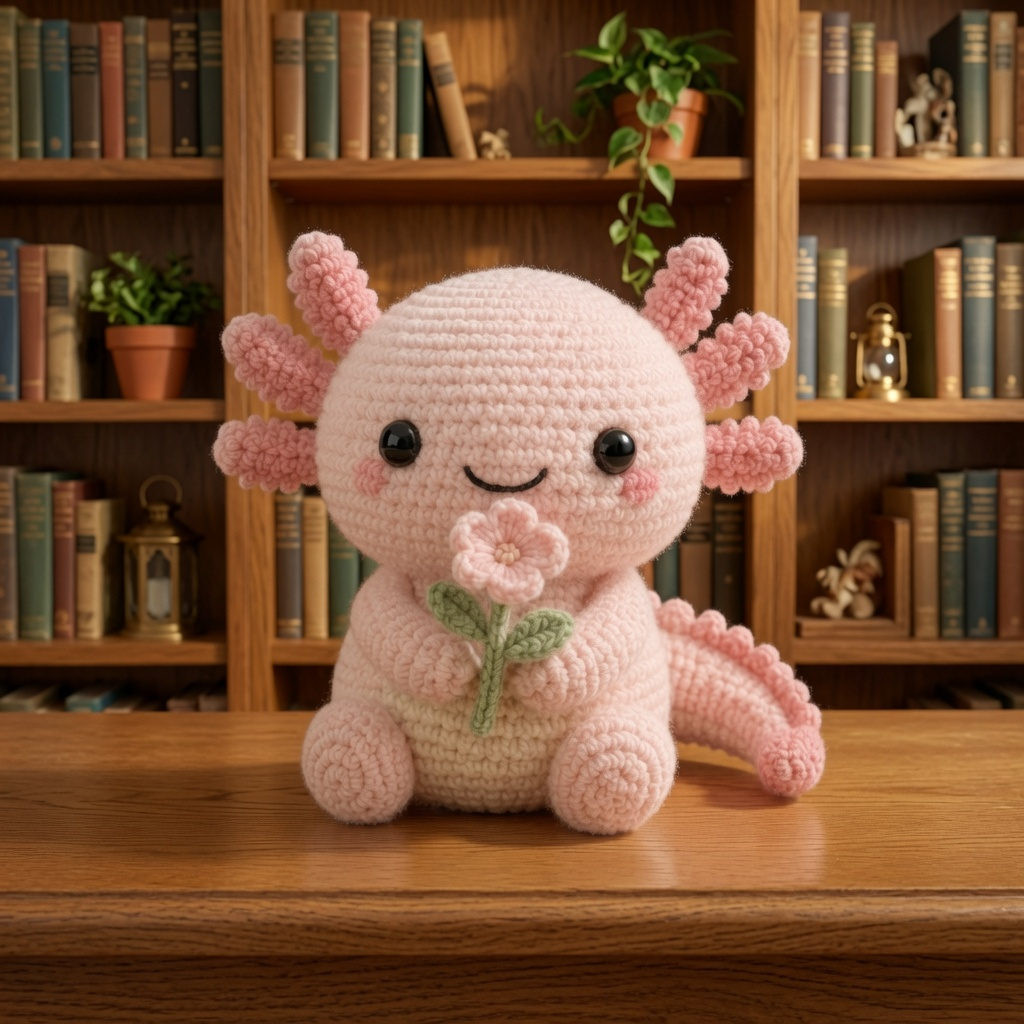 Handmade Crochet Axolotl Plush with Flower – Cute Amigurumi Desk Decor & Gift