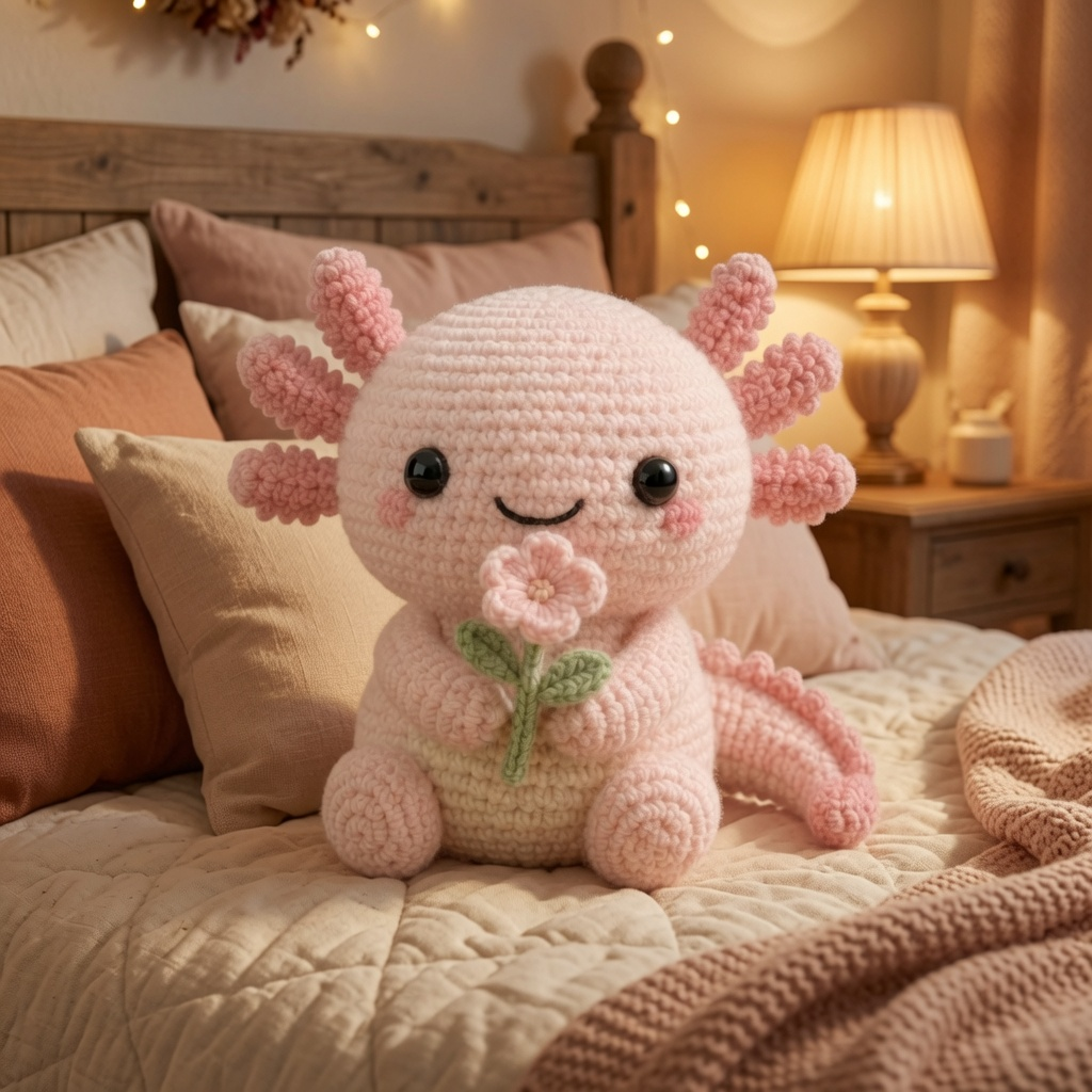 Handmade Crochet Axolotl Plush with Flower – Cute Amigurumi Desk Decor & Gift