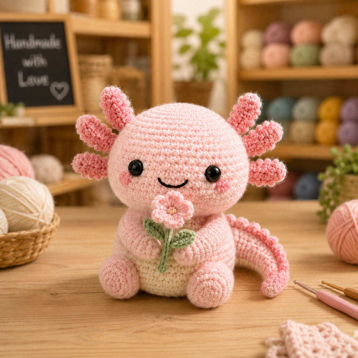 Handmade Crochet Axolotl Plush with Flower – Cute Amigurumi Desk Decor & Gift