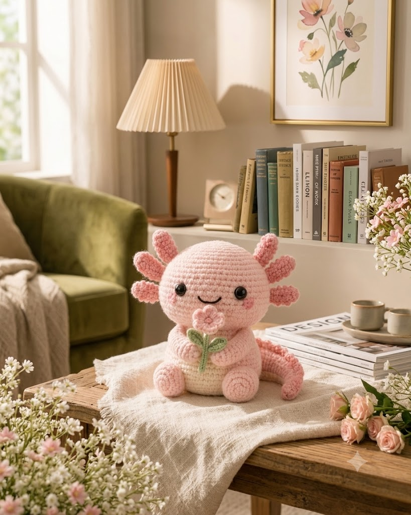 Handmade Crochet Axolotl Plush with Flower – Cute Amigurumi Desk Decor & Gift