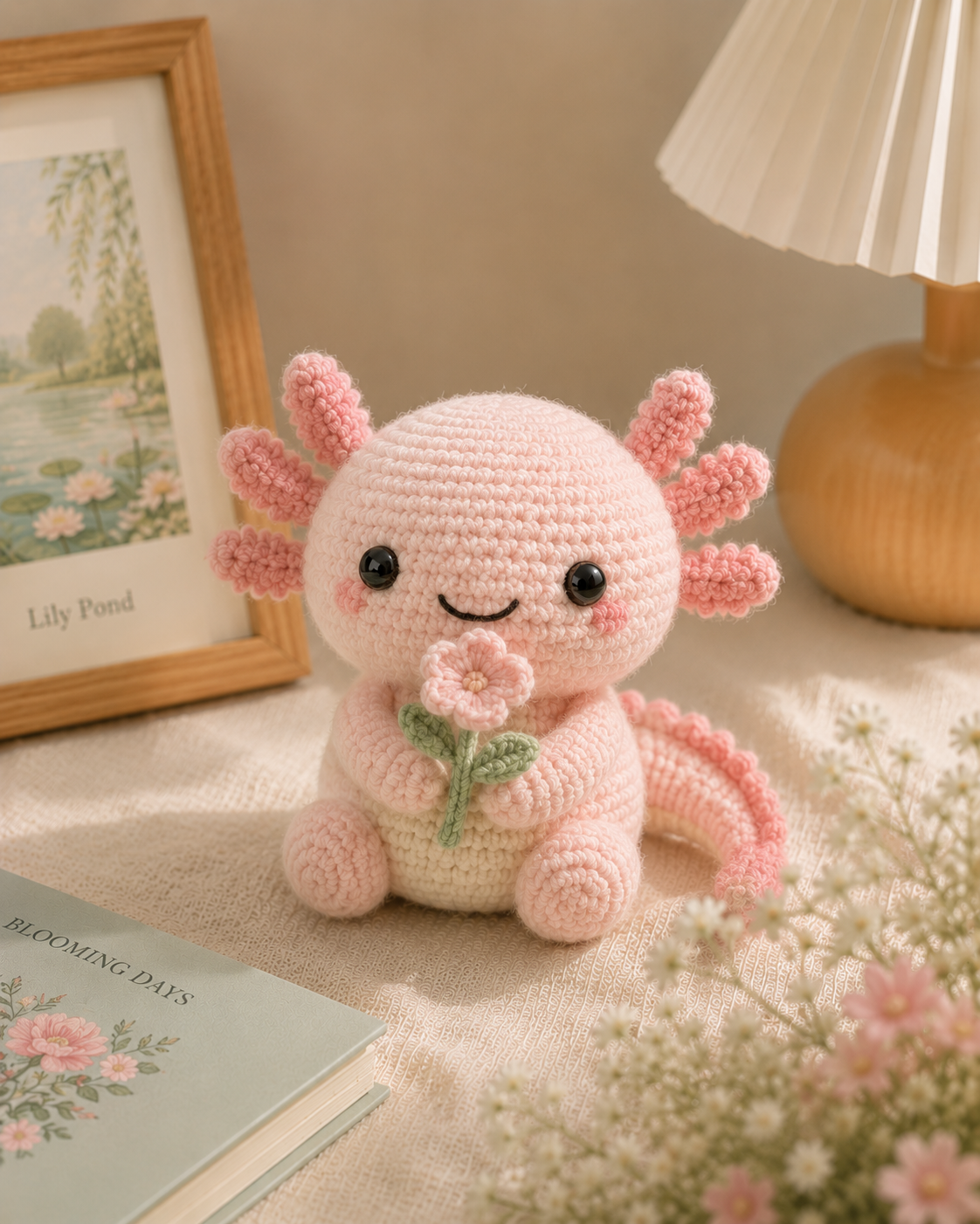 Handmade Crochet Axolotl Plush with Flower – Cute Amigurumi Desk Decor & Gift