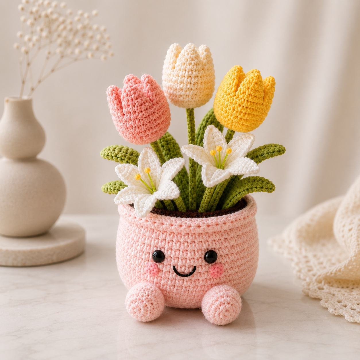 Handmade Crochet Tulip & Lily Flower Pot – Cute Amigurumi Floral Arrangement for Home & Desk Decor