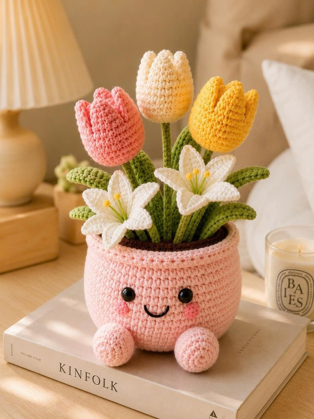 Handmade Crochet Tulip & Lily Flower Pot – Cute Amigurumi Floral Arrangement for Home & Desk Decor