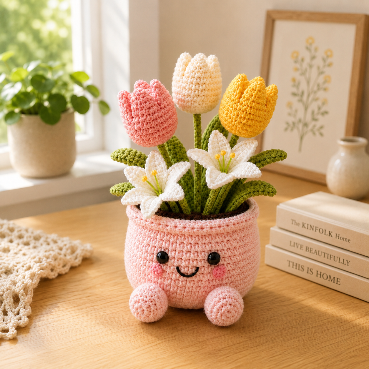 Handmade Crochet Tulip & Lily Flower Pot – Cute Amigurumi Floral Arrangement for Home & Desk Decor