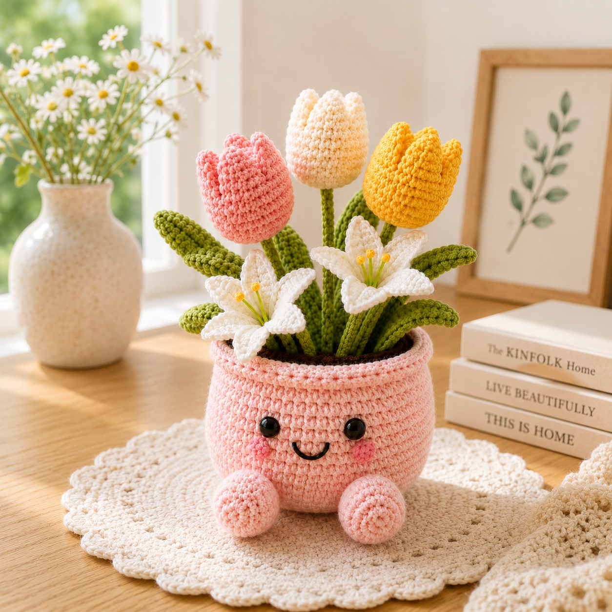Handmade Crochet Tulip & Lily Flower Pot – Cute Amigurumi Floral Arrangement for Home & Desk Decor