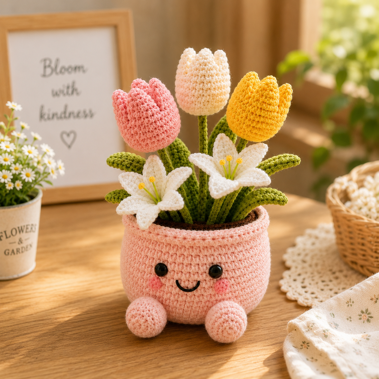 Handmade Crochet Tulip & Lily Flower Pot – Cute Amigurumi Floral Arrangement for Home & Desk Decor
